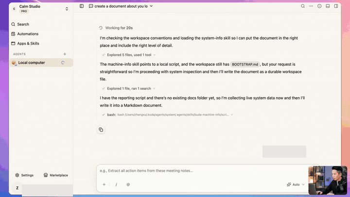 A Buda Agent reading real system information and creating a local file