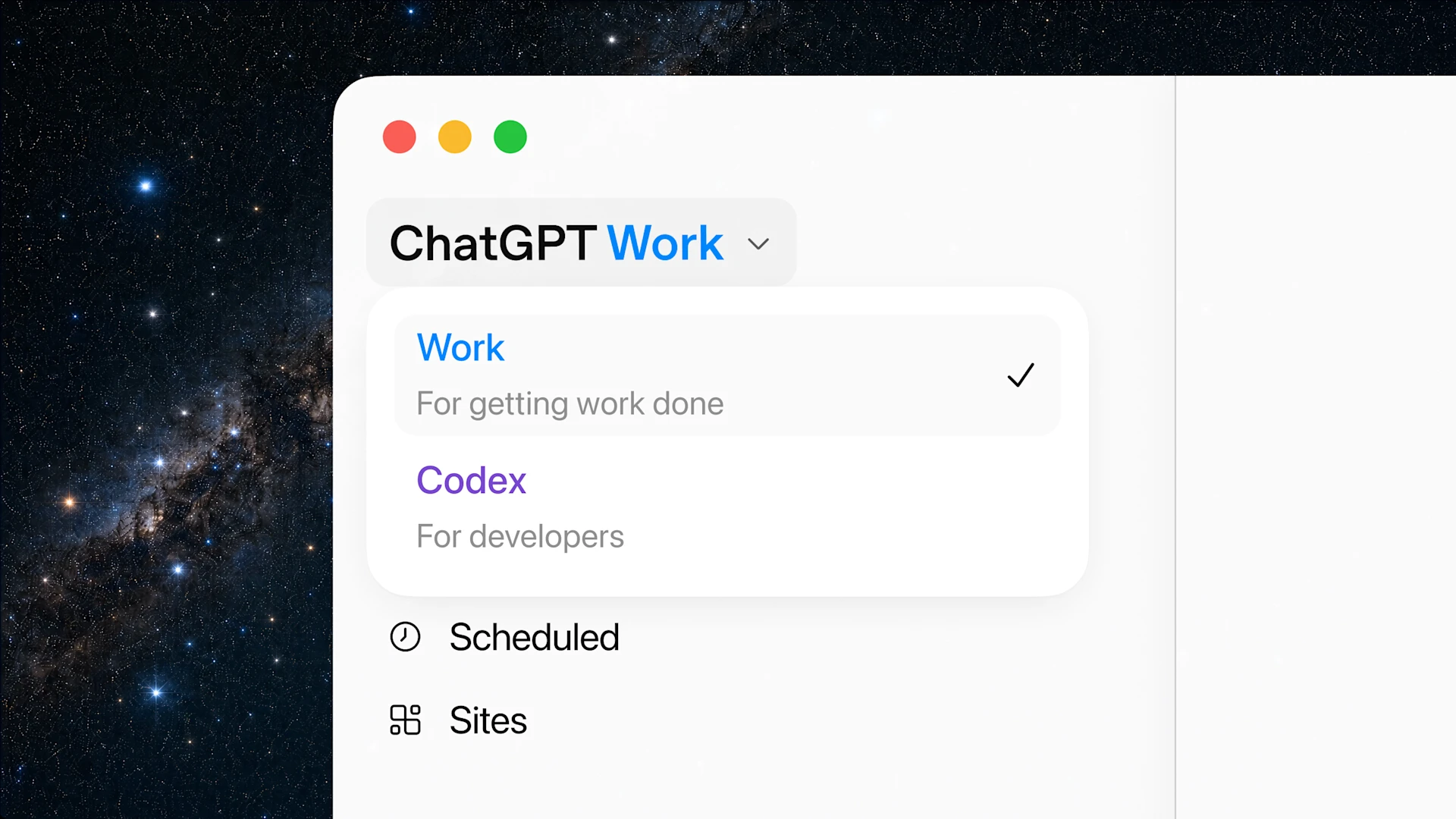 OpenAI screenshot: ChatGPT desktop shows Chat, Work, and Codex as entry points