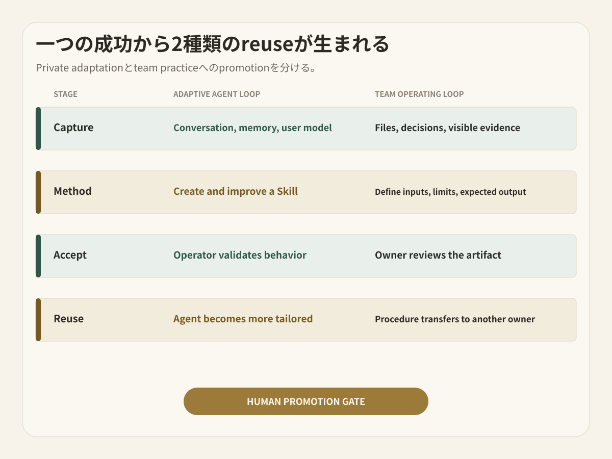 Adaptive agent learningとreviewed team procedure promotionを分ける